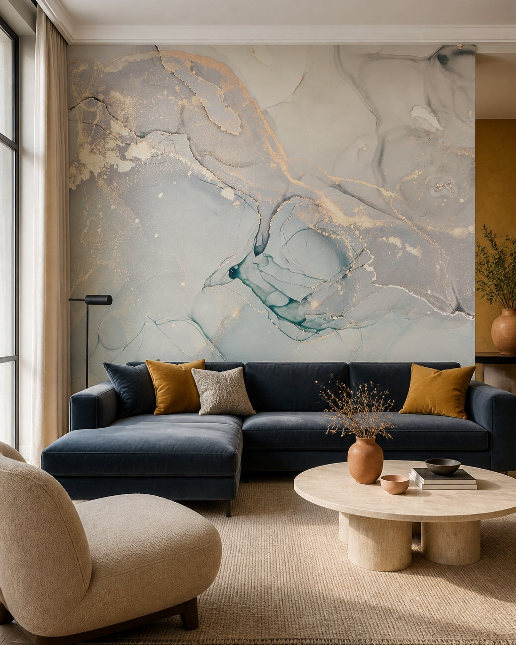 Taupe gold marble wallpaper in a designer living room.
