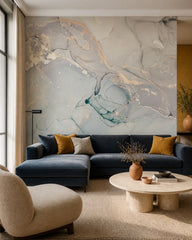 Taupe gold marble wallpaper in a designer living room.