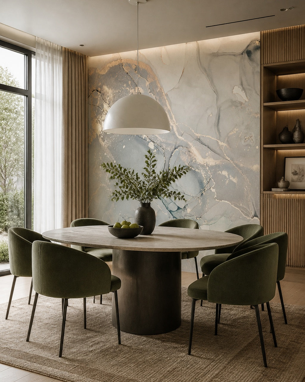 Taupe gold marble wallpaper in a refined dining area.