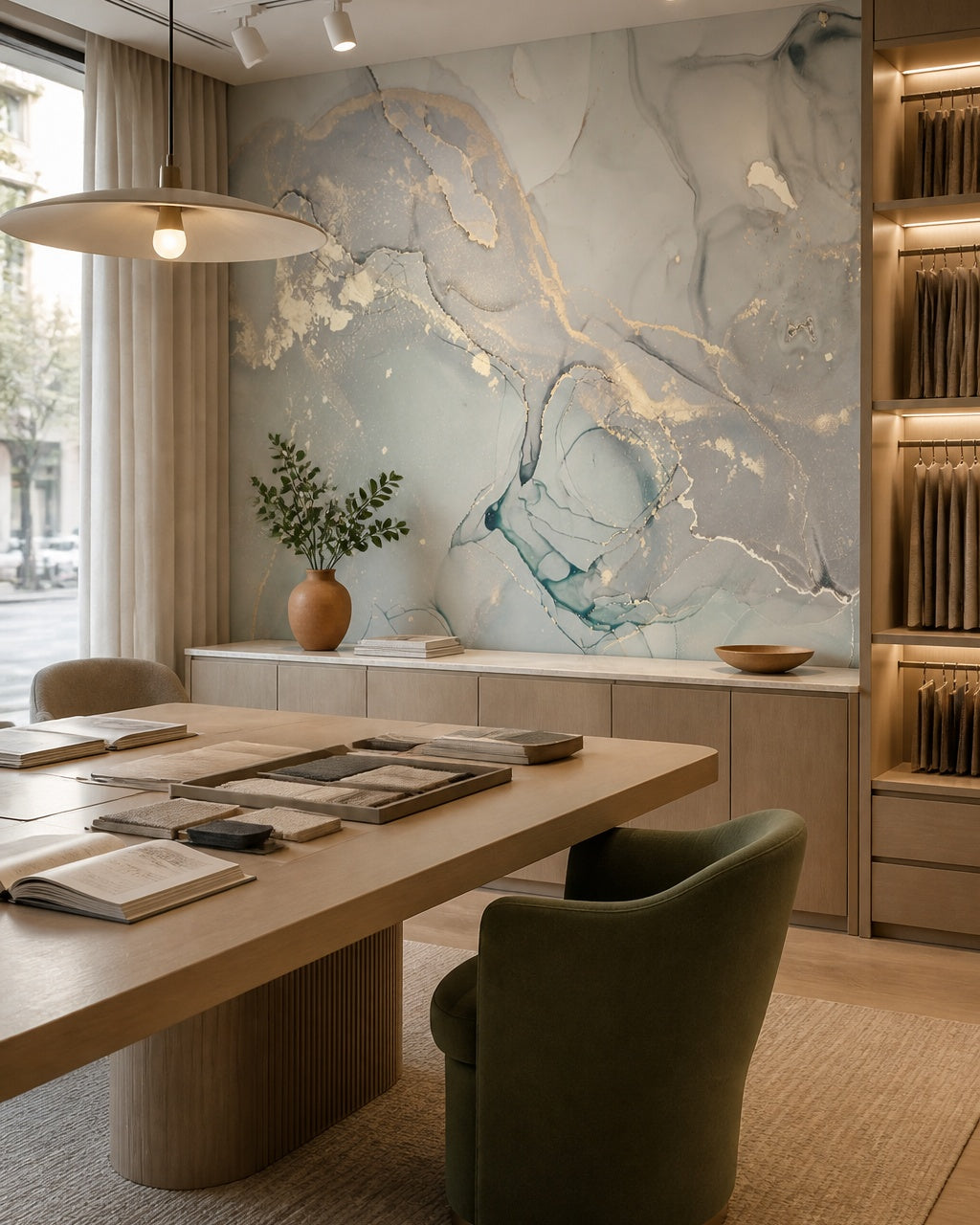 Taupe gold marble wallpaper in a design showroom.