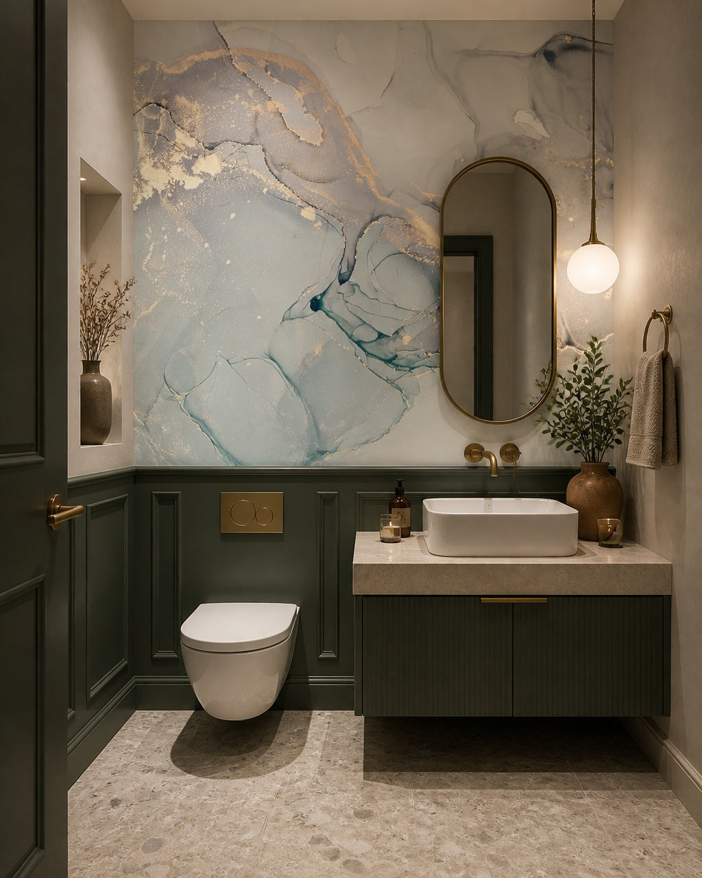Taupe gold marble wallpaper in an elegant powder room.