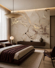 Beige gold marble wallpaper in a designer bedroom.