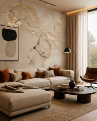 Beige gold marble wallpaper in a designer living room.