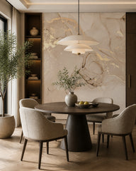 Beige gold marble wallpaper in a refined dining area.