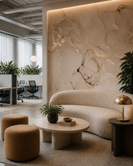 Beige gold marble wallpaper in a creative office lounge.