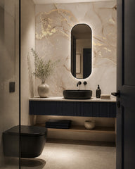 Beige gold marble wallpaper in an elegant powder room.
