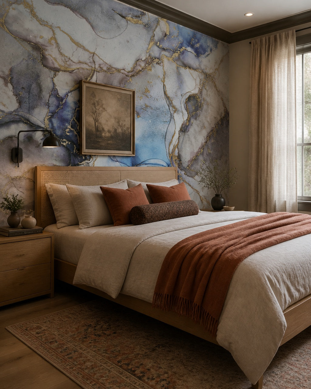 Blue gold marble wallpaper in a designer bedroom.