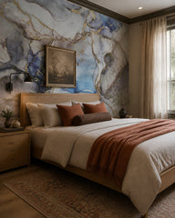 Blue gold marble wallpaper in a designer bedroom.