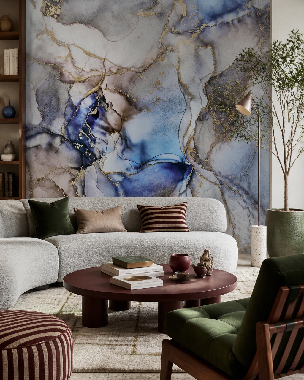 Blue gold marble wallpaper in a designer living room.