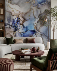 Blue gold marble wallpaper in a designer living room.