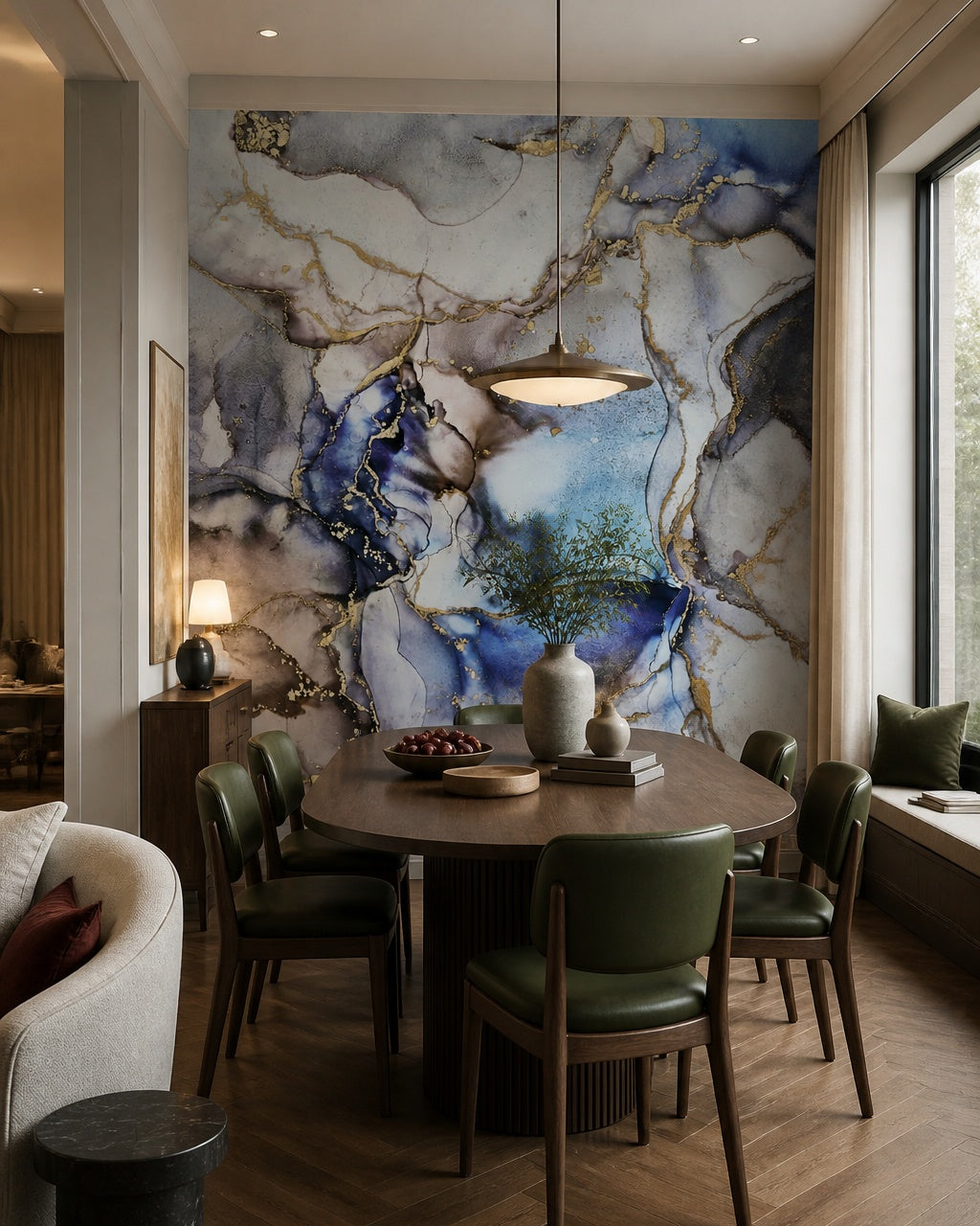 Blue gold marble wallpaper in a refined dining area.