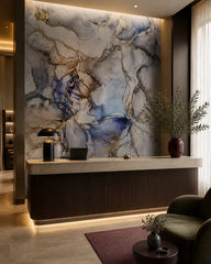 Blue gold marble wallpaper at a hotel reception desk.