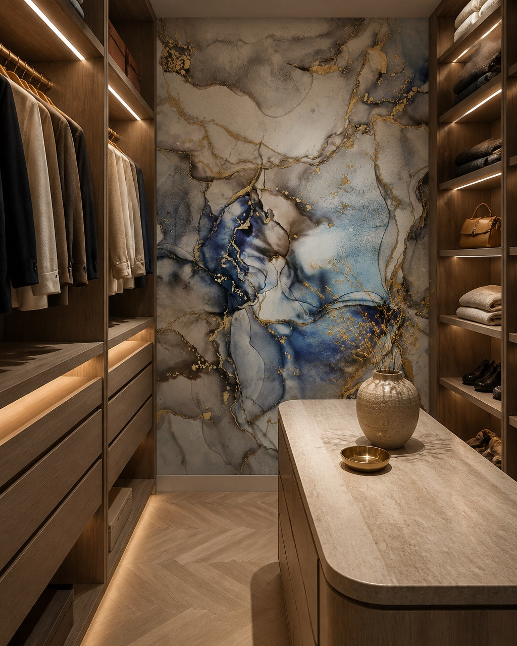 Blue gold marble wallpaper in a walk-in wardrobe.