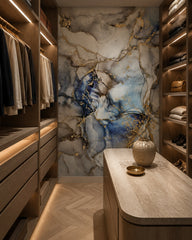 Blue gold marble wallpaper in a walk-in wardrobe.