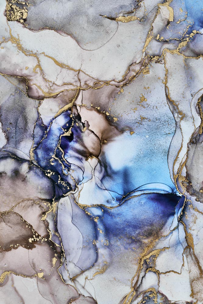 Blauw goud marmer behang – kobalt en beige vloeiende inkt fotobehang