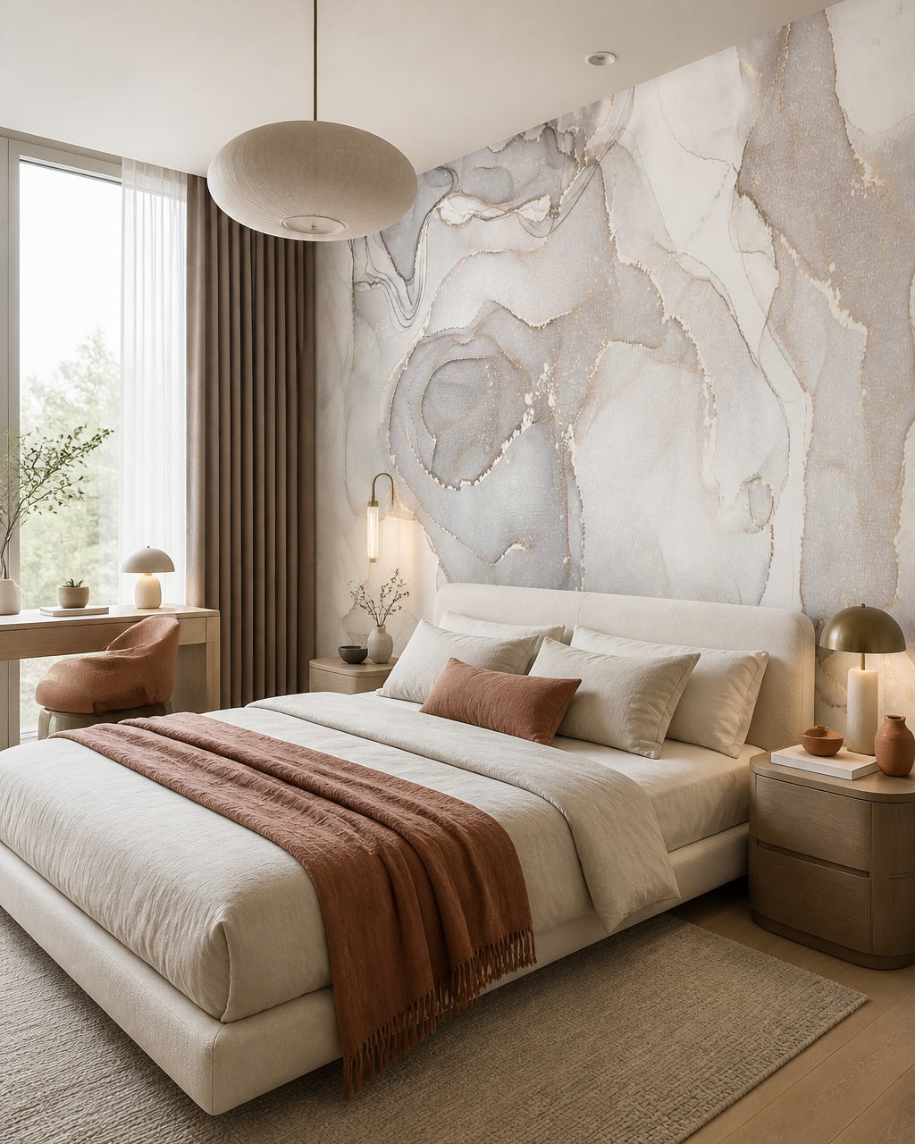 Grey marble effect wallpaper in a designer bedroom.