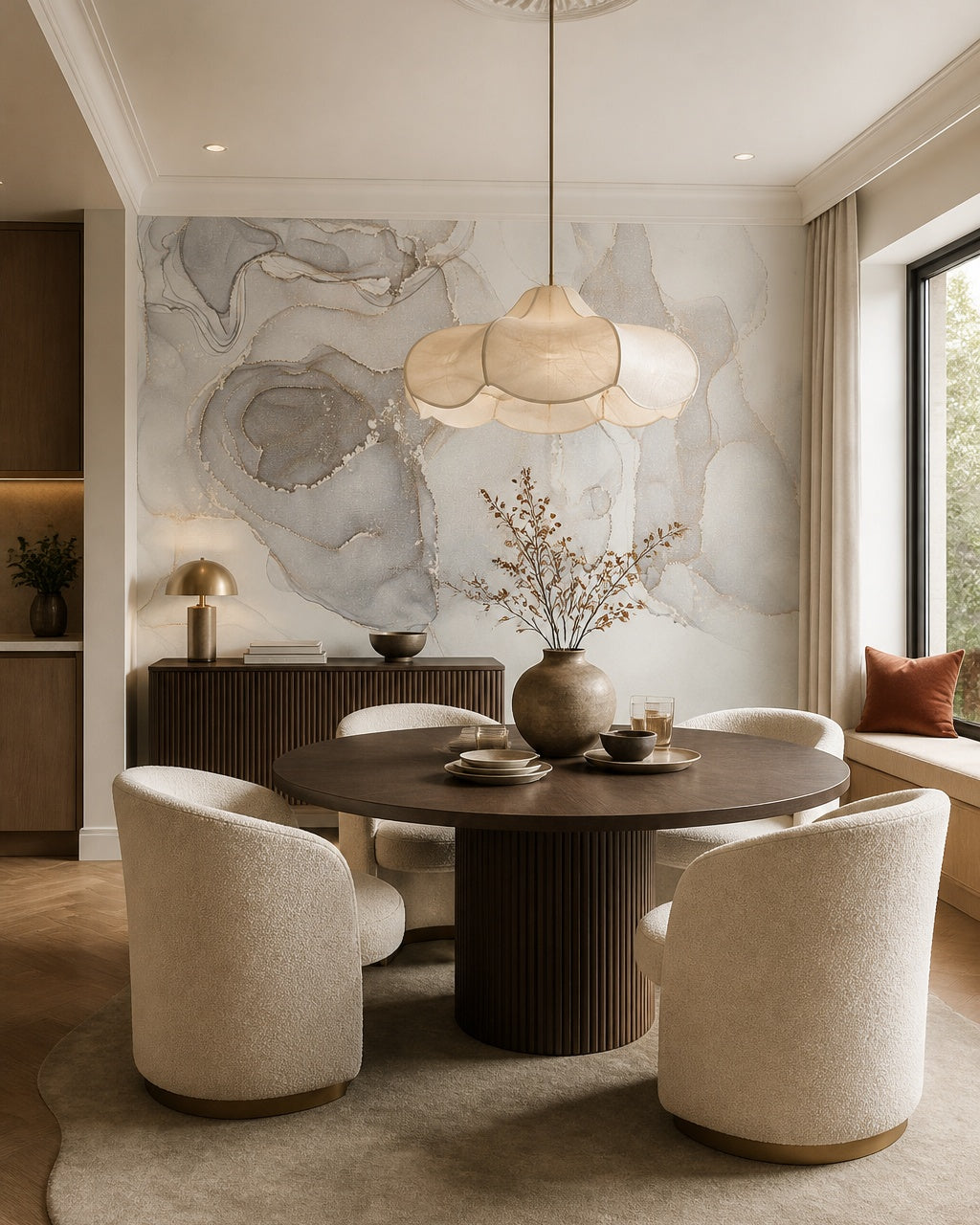 Grey marble effect wallpaper in a refined dining area.