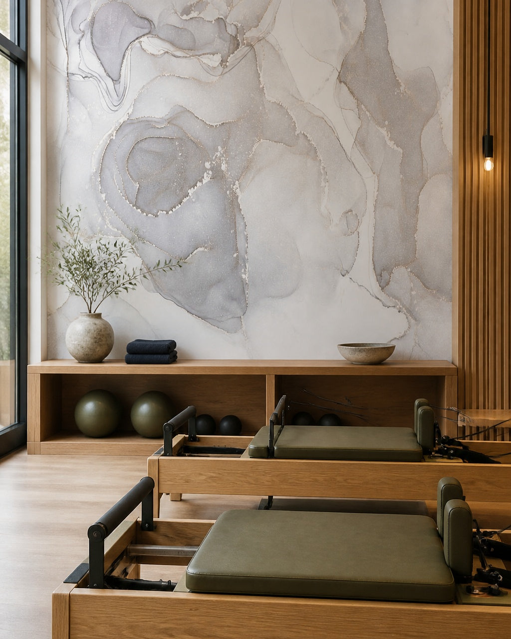 Grey marble effect wallpaper in a fitness studio.