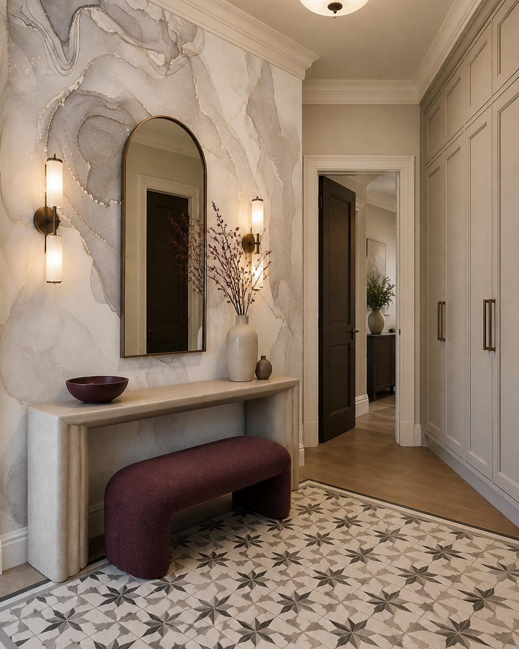 Grey marble effect wallpaper in a designer entrance hall.