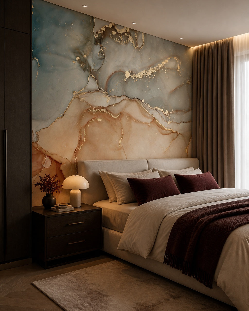 Blue and gold marble wallpaper in a designer bedroom.