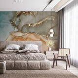 Abstract Marble Wallpaper Blue, Gold Neutral Wall Mural Modern Decor