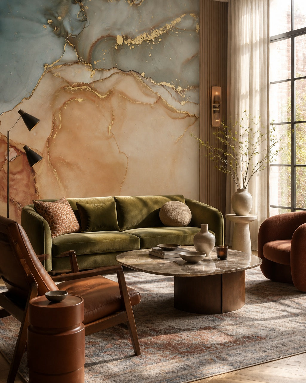 Blue and gold marble wallpaper in a designer living room.