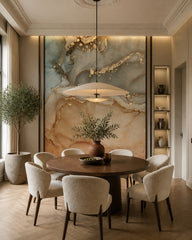 Blue and gold marble wallpaper in a refined dining area.