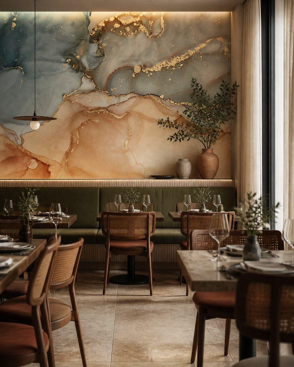 Blue and gold marble wallpaper in a restaurant.