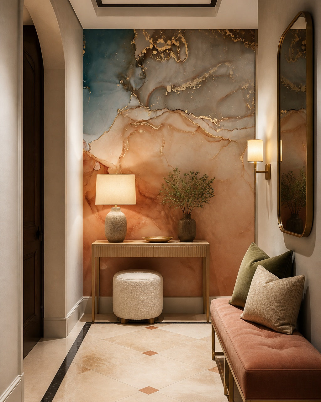 Blue and gold marble wallpaper in an architectural hallway.