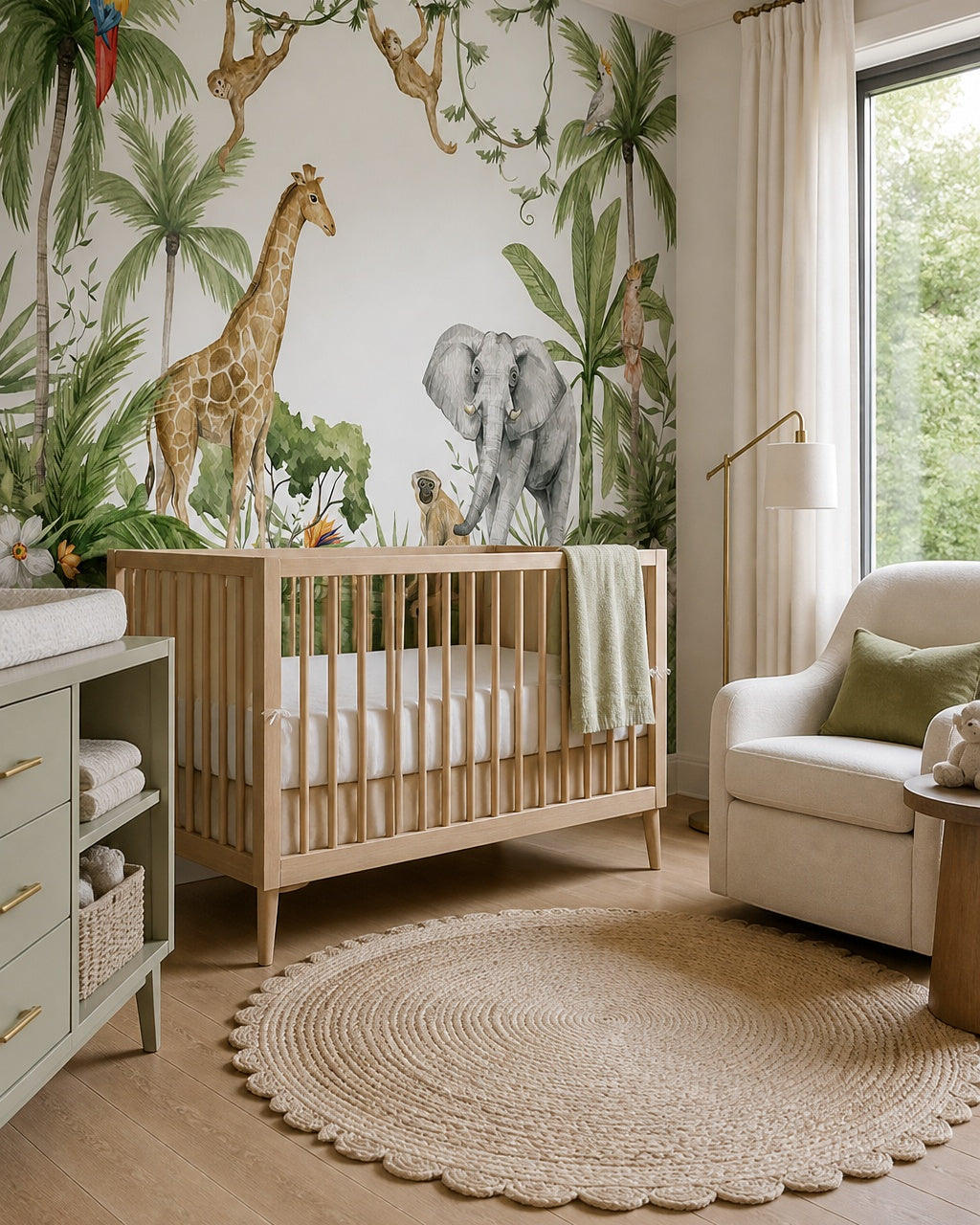 Watercolor jungle animals wallpaper in a modern nursery with a crib.