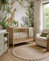 Watercolor jungle animals wallpaper in a modern nursery with a crib.