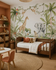 Watercolor jungle animals wallpaper in a toddler bedroom with a child-sized bed.