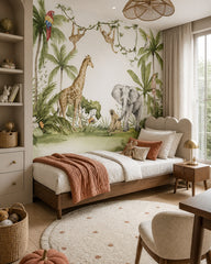 Watercolor jungle animals wallpaper in a girl’s bedroom.