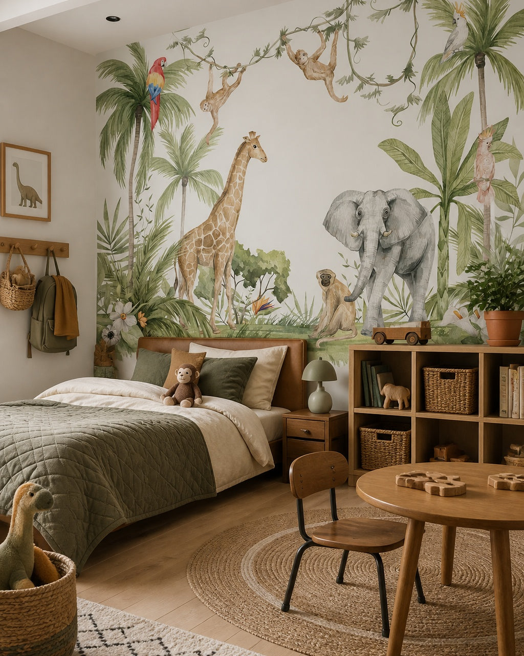 Watercolor jungle animals wallpaper in a boy’s bedroom.