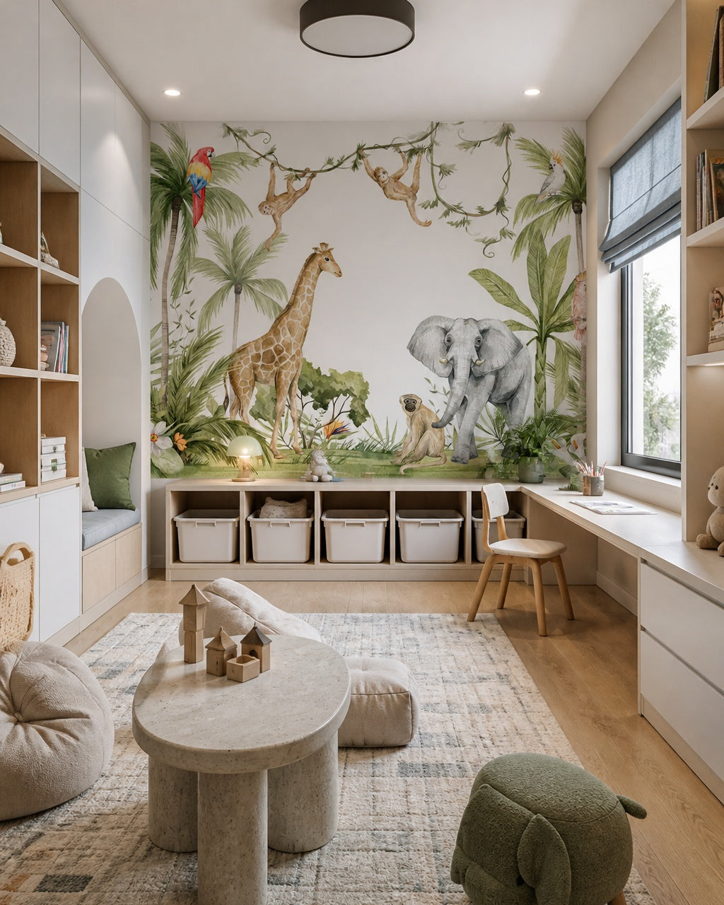 Watercolor jungle animals wallpaper in a children’s playroom.