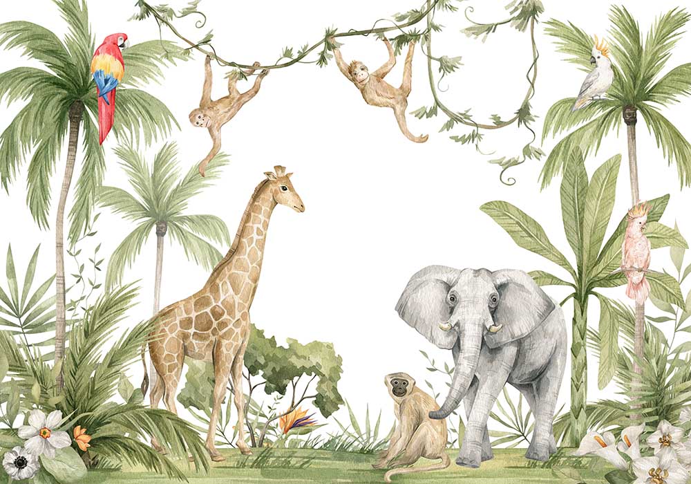 Papier peint animaux de la jungle à l’aquarelle – Papier peint panoramique enfant palmiers