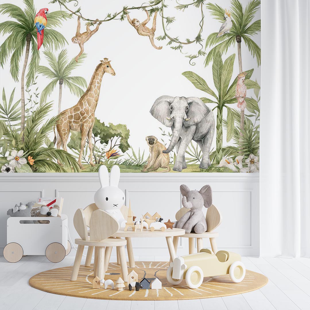 Kids Wall Mural Jungle and Cute Animals Palm Leaves Wallpaper for Kids  Room