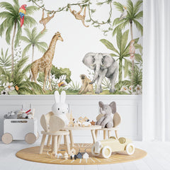 Custom Kids Wall Mural Jungle and Cute Animals Palm Leaves Wallpaper for Kids  Room