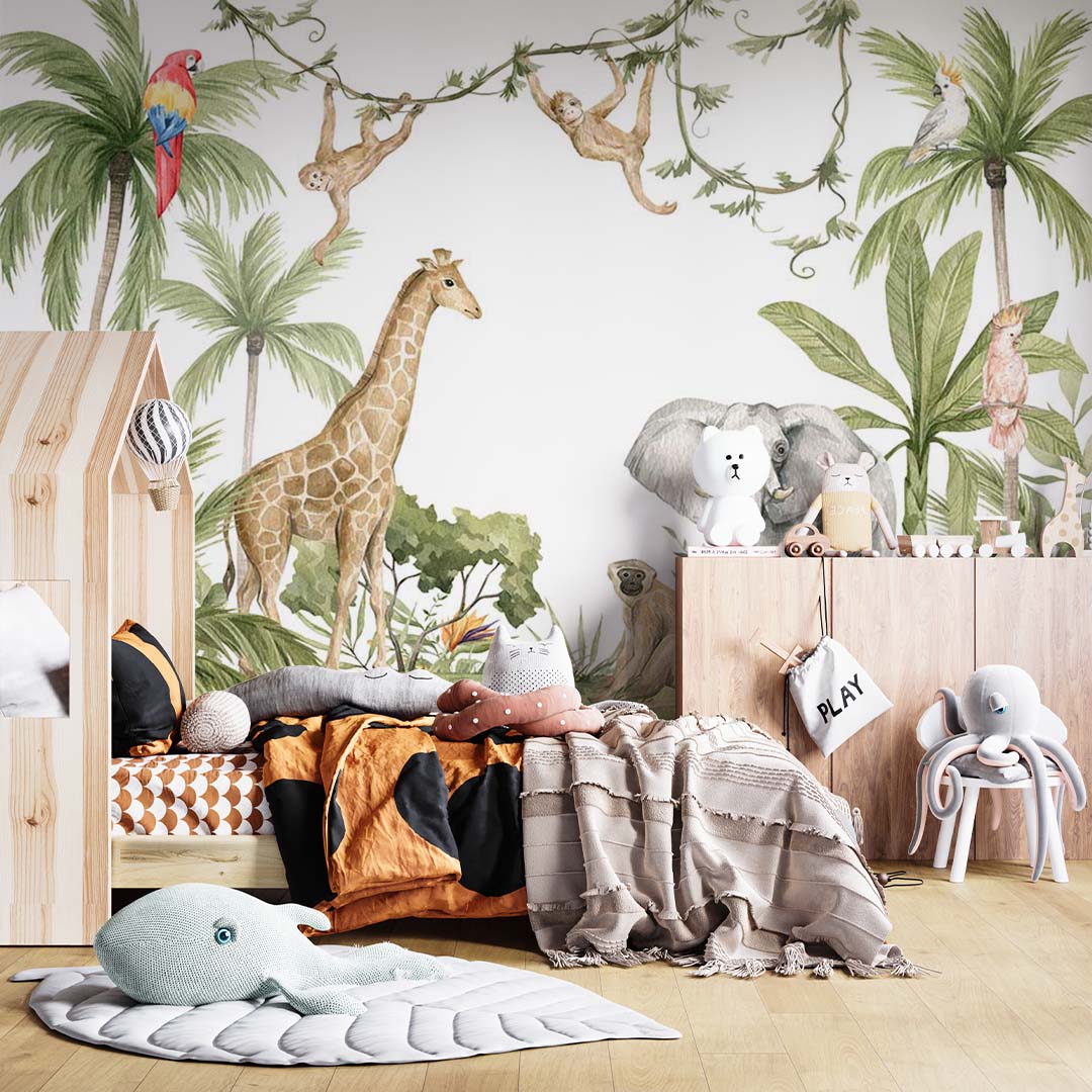 Kids Wall Mural Jungle and Cute Animals Palm Leaves Wallpaper for Kids  Room