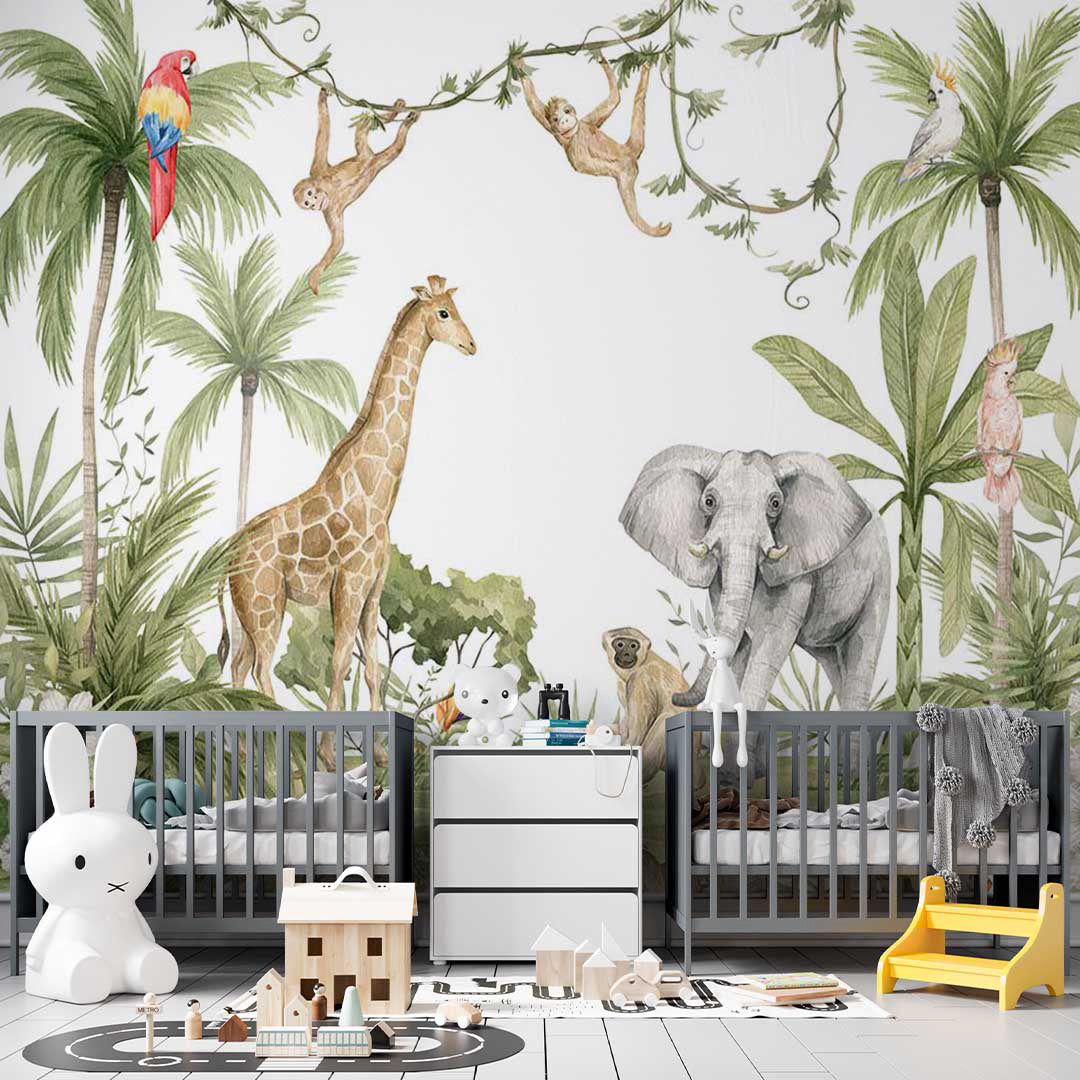 Kids Wall Mural Jungle and Cute Animals Palm Leaves Wallpaper for Kids  Room