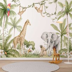 Custom Kids Wall Mural Jungle and Cute Animals Palm Leaves Wallpaper for Kids  Room