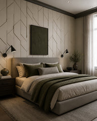3D chevron tile wallpaper in a designer bedroom.