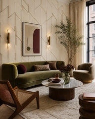 3D chevron tile wallpaper in a designer living room.