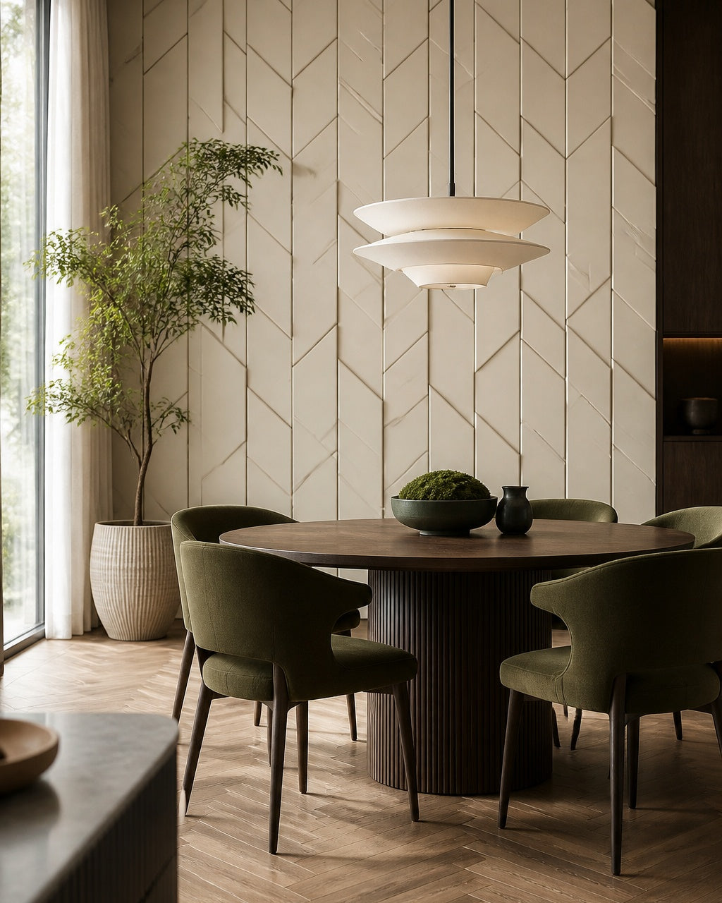 3D chevron tile wallpaper in a refined dining area.