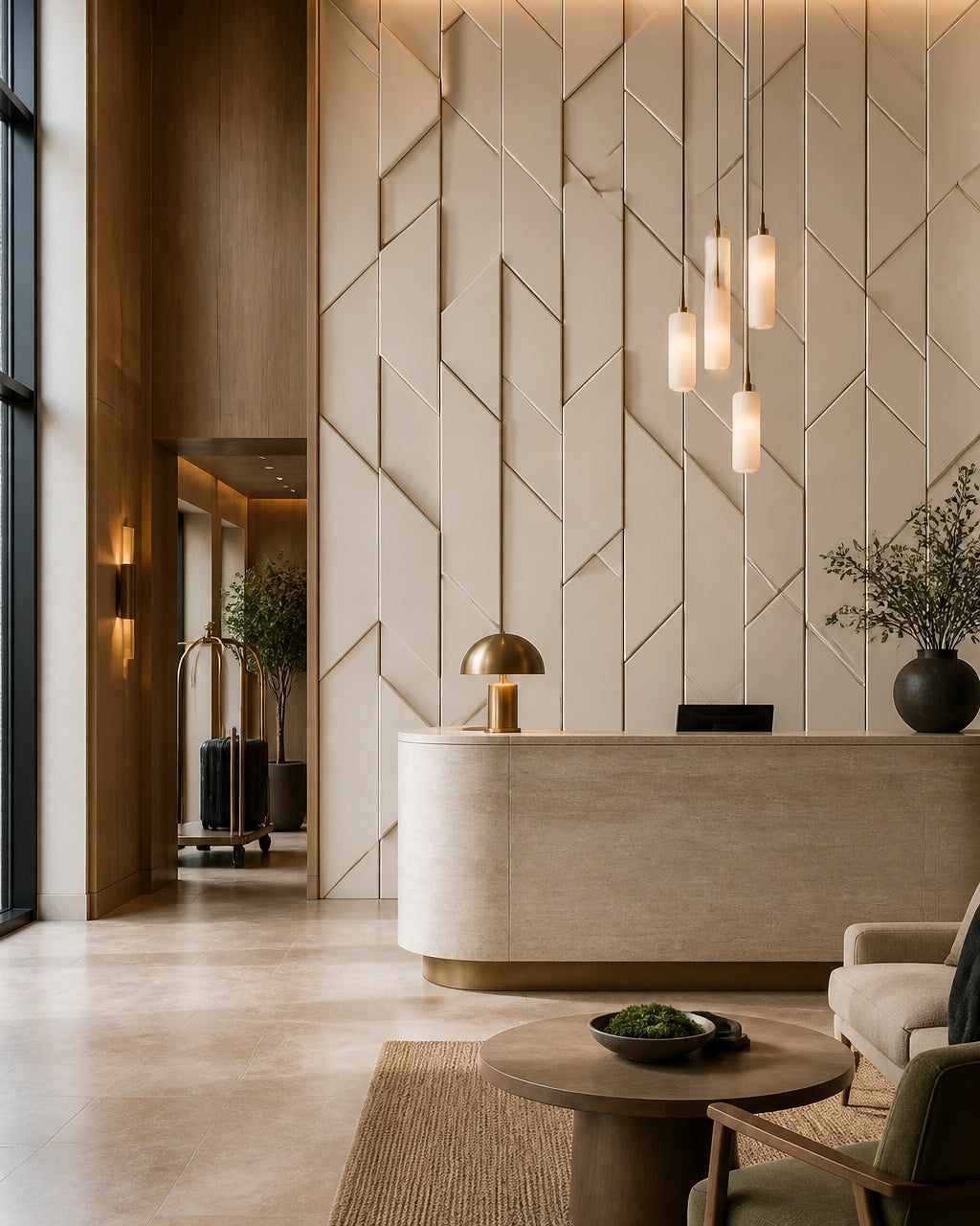3D chevron tile wallpaper in a boutique hotel lobby.