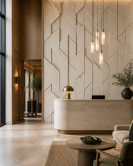 3D chevron tile wallpaper in a boutique hotel lobby.