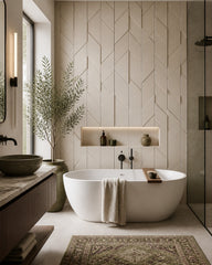 3D chevron tile wallpaper in a luxury bathroom.
