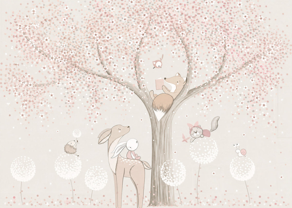 Papier peint arbre en fleurs avec cerf – Panoramique animaux de la forêt rose doux