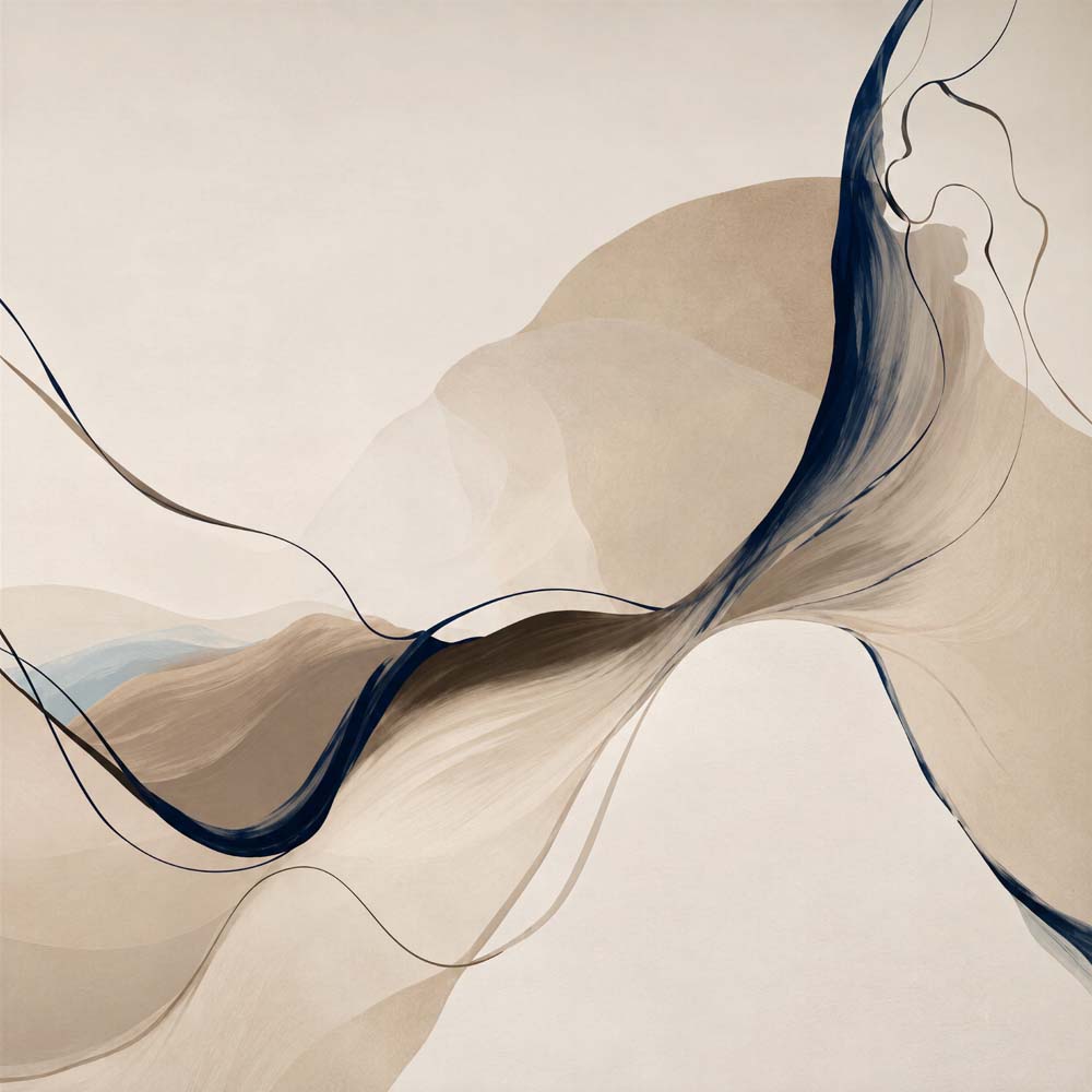 Abstracte marineblauwe en beige golven behang – moderne inktpenseel fotobehang