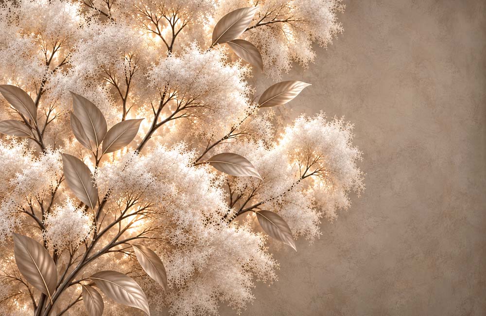 Pluizige bloesemtakken behang – crèmekleurige bloemen op taupe fotobehang